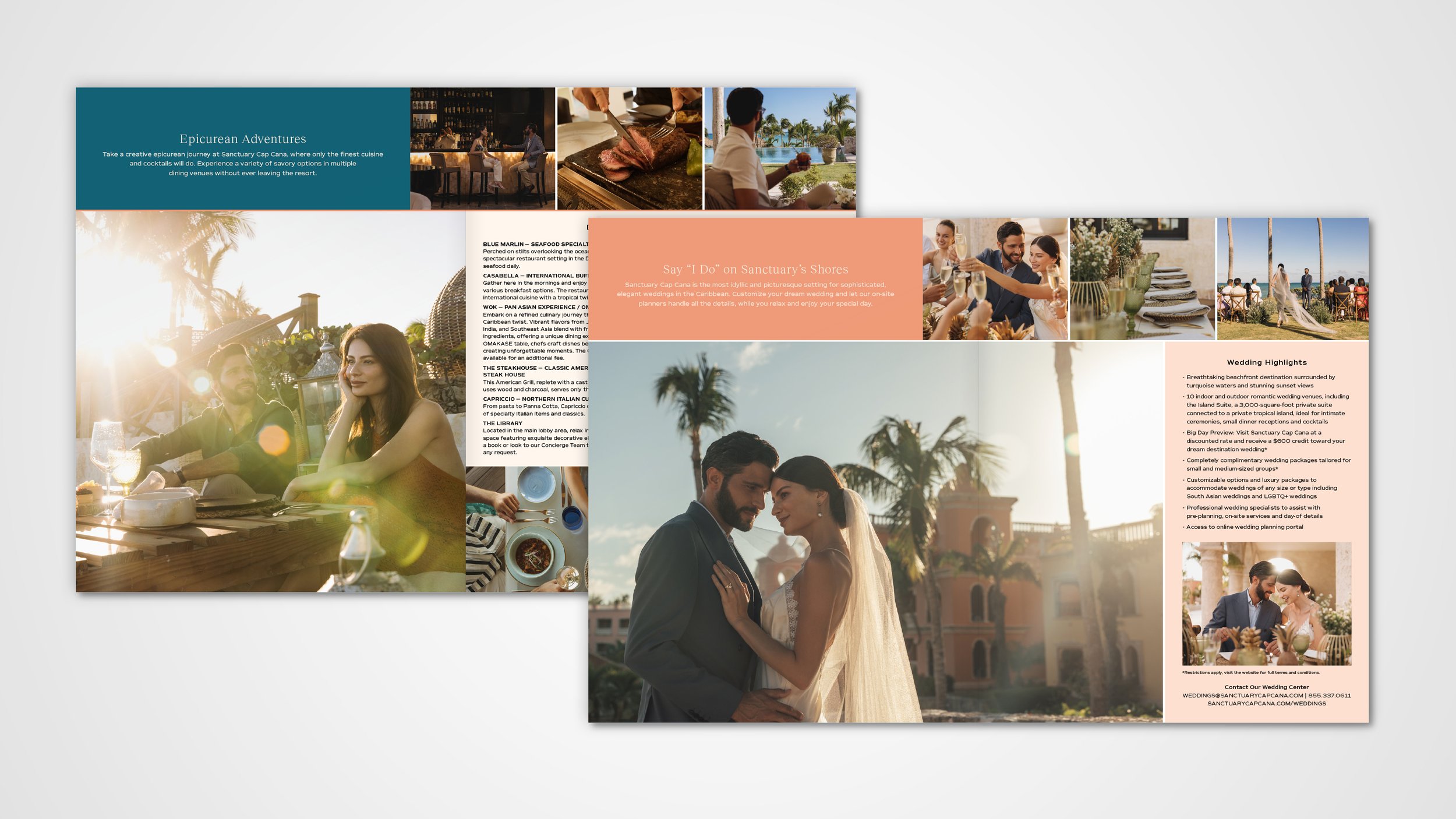 Two page spread examples from a promotional brochure for Sanctuary Cap Cana.