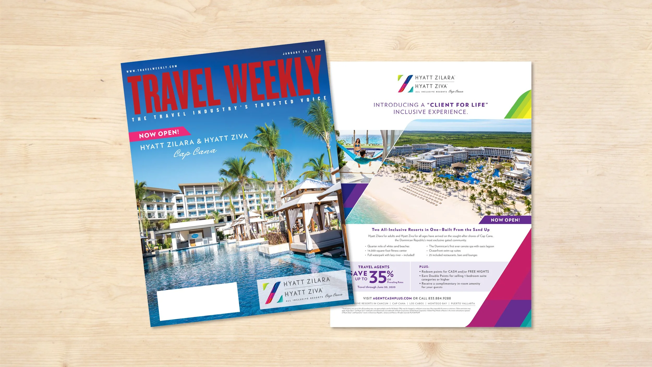 A coverwrap and inside full page advertisement for Hyatt Zilara and Hyatt Ziva All-Inclusive Resorts