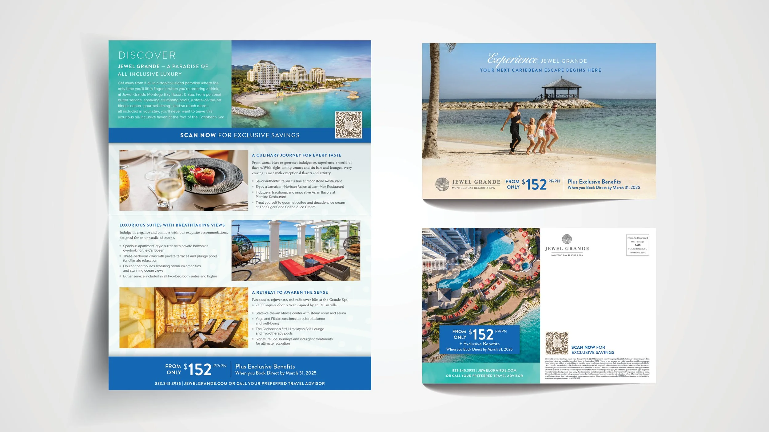 A postcard that folds in half vertically for Jewel Grande resorts.