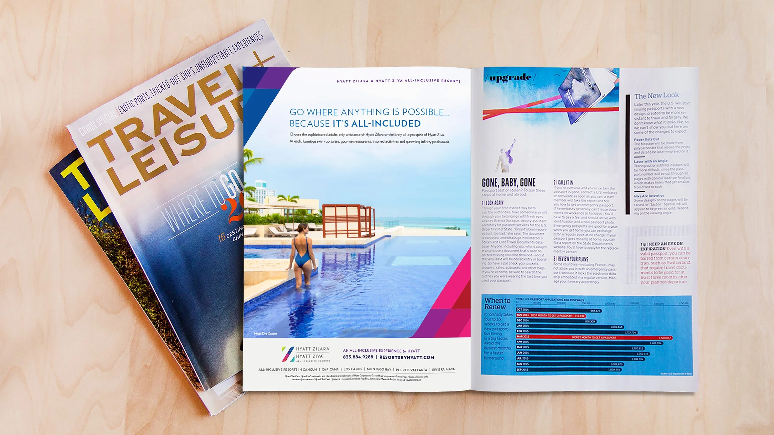 A stack of Travel + Leisure magazines on a desk with one open to an ad for Hyatt Zilara and Hyatt Ziva Resorts.