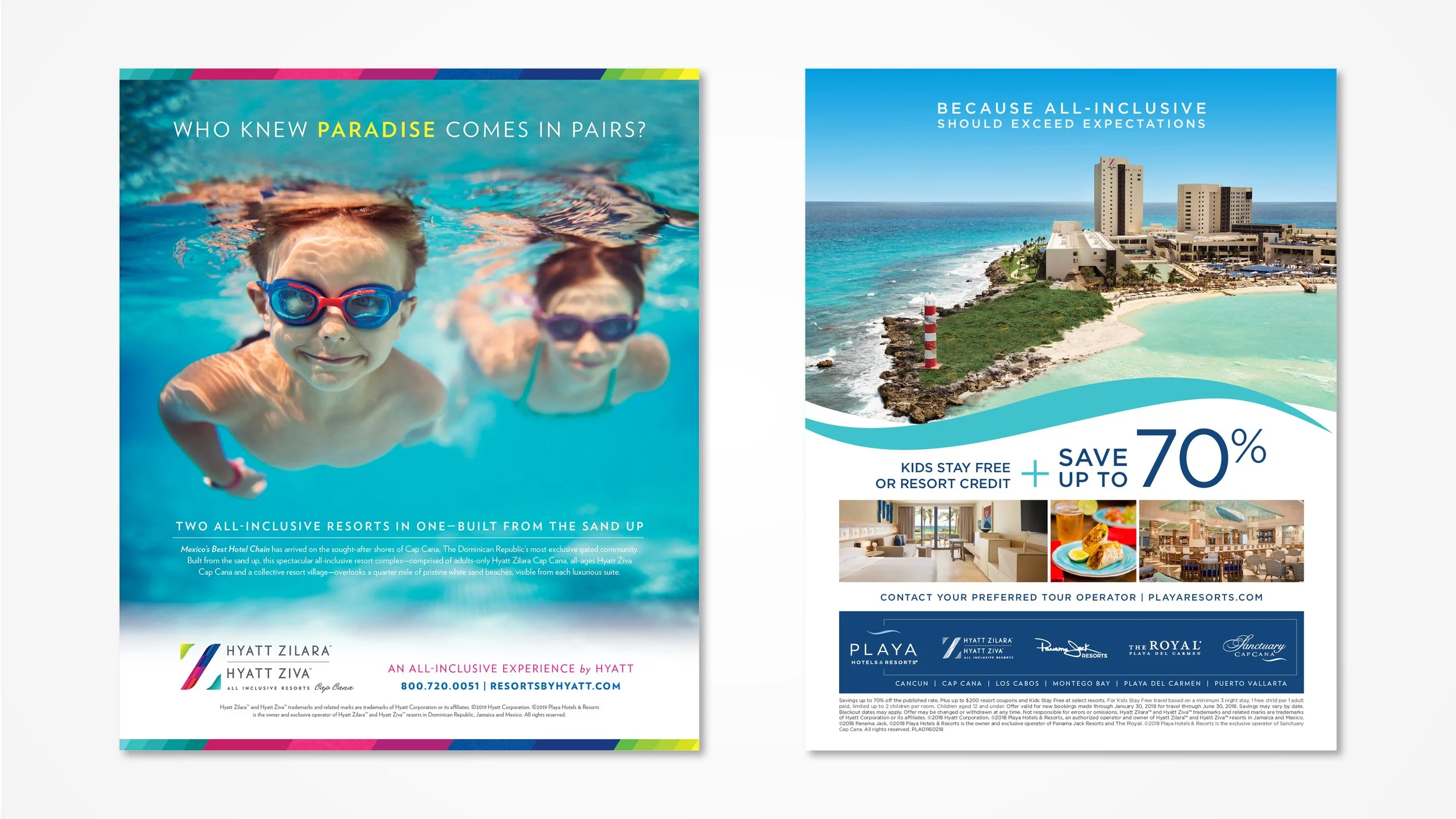 Two full page advertisements. One for Hyatt Zilara and Hyatt Ziva resorts and one for Playa Hotels & Resorts.