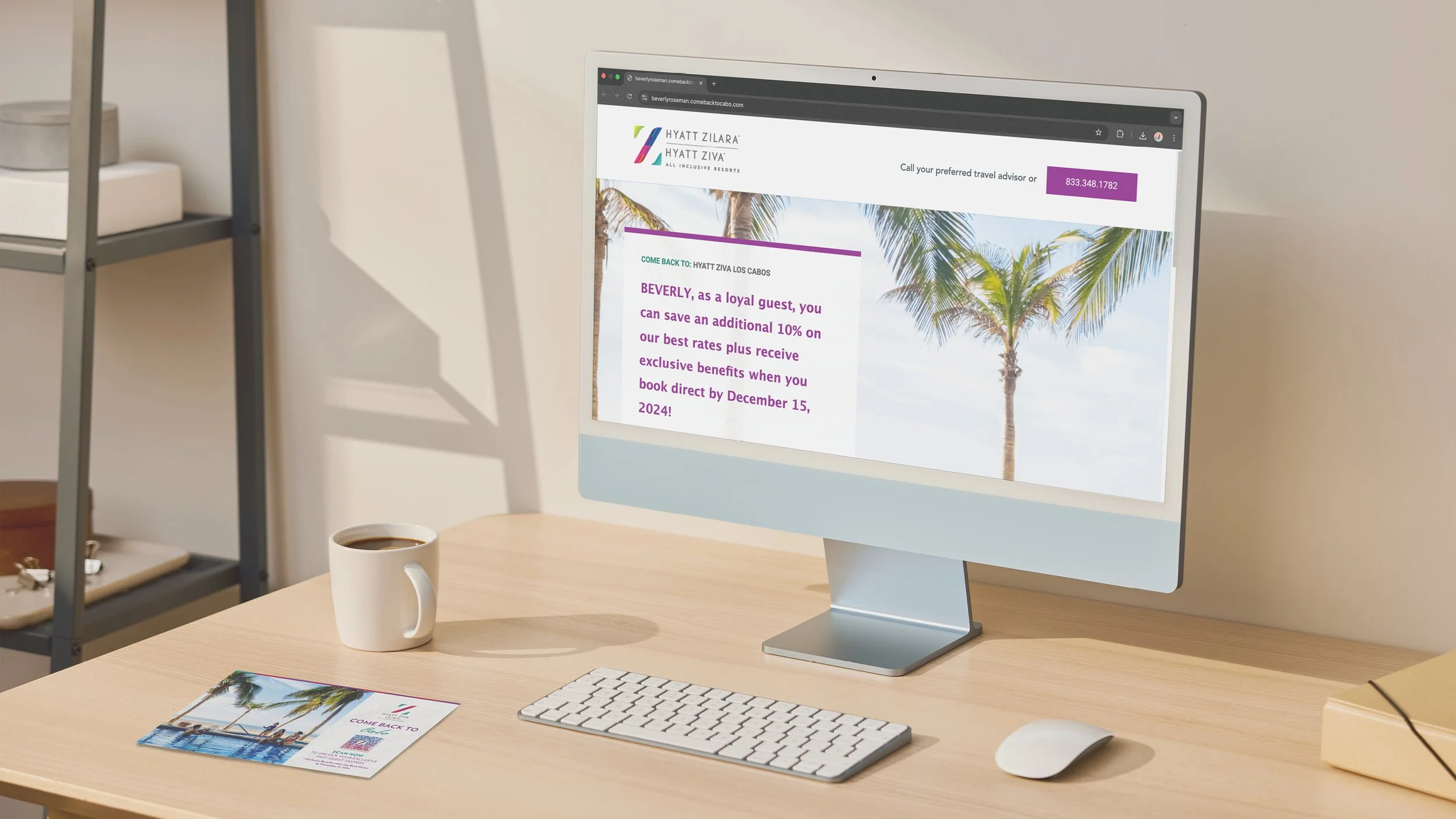 A computer showing the companion landing page for a Hyatt postcard laying on a desk as examples of variable data direct mail.