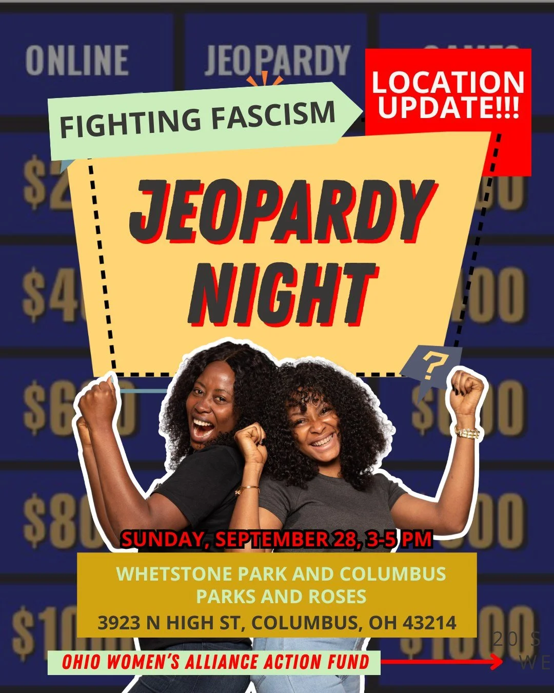 LOCATION UPDATE: OWA's Fighting Facism Jeopardy Night has moved to Whetstone Park and Columbus Parks and Roses! Join us on this beautiful Sunday to test your knowledge! Whether you&rsquo;re a trivia pro or just passionate about the cause, this event 