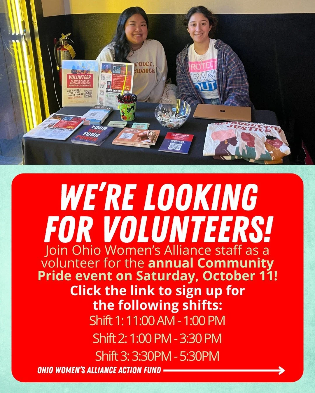 Calling all Change Makers! We&rsquo;re looking for volunteers to help us table at the Annual Community Pride event on Saturday, October 11! You&rsquo;ll have a chance to hang with OWA staff, build fellowship, community, and more! Please click the lin