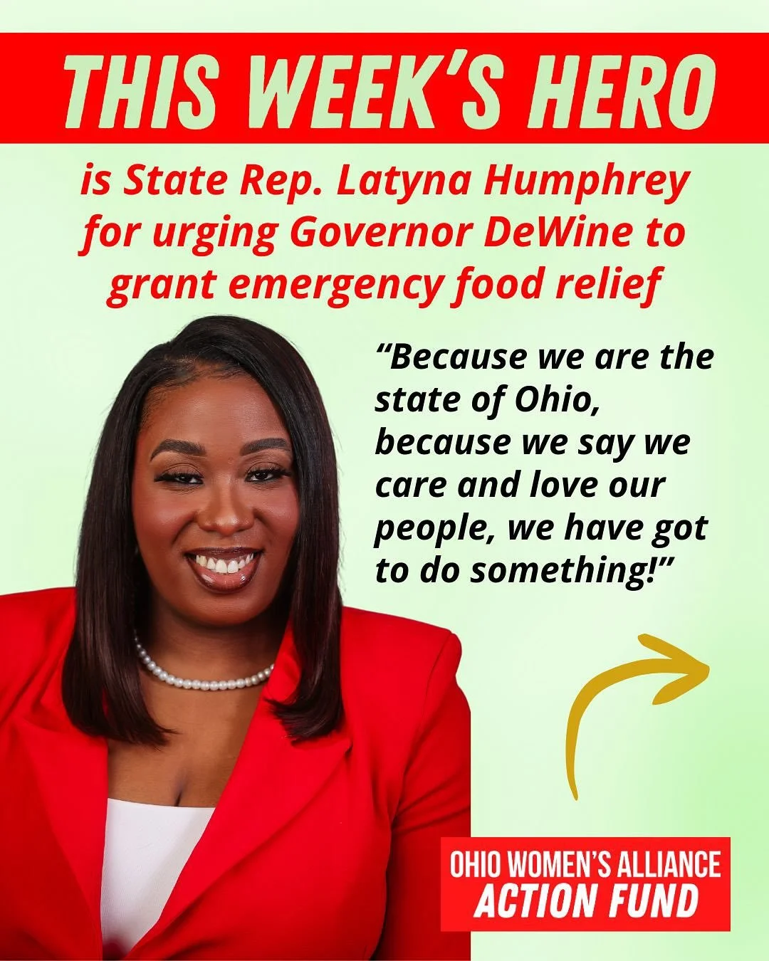 On Wednesday, Governor DeWine signed a $25 million executive order granting food assistance to Ohio families, and that is thanks to State Rep. Latyna Humphrey (@replatynamhumphrey), who has been working tirelessly to urge the governor to take action.
