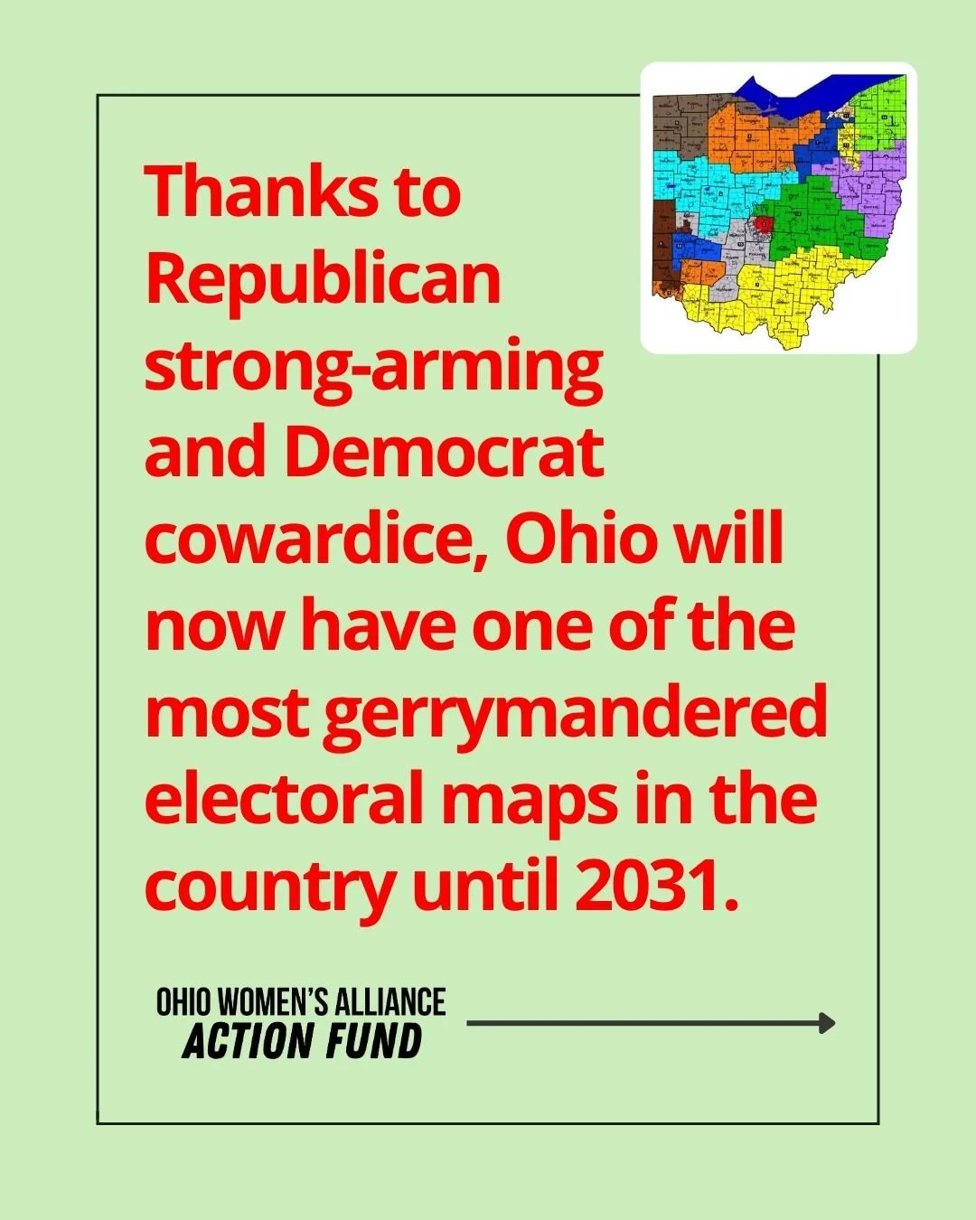 Thanks to Republican strong-arming and Democrat cowardice, Ohio will now have one of the most gerrymandered electoral maps in the country until 2031. 
Last week&mdash;behind closed doors where voters could not be present&mdash;state &ldquo;leaders&rd