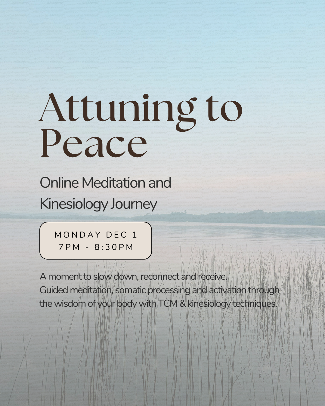 Flyer for 'Attuning to Peace,' an online meditation and kinesiology journey with Samantha Hjertquist
