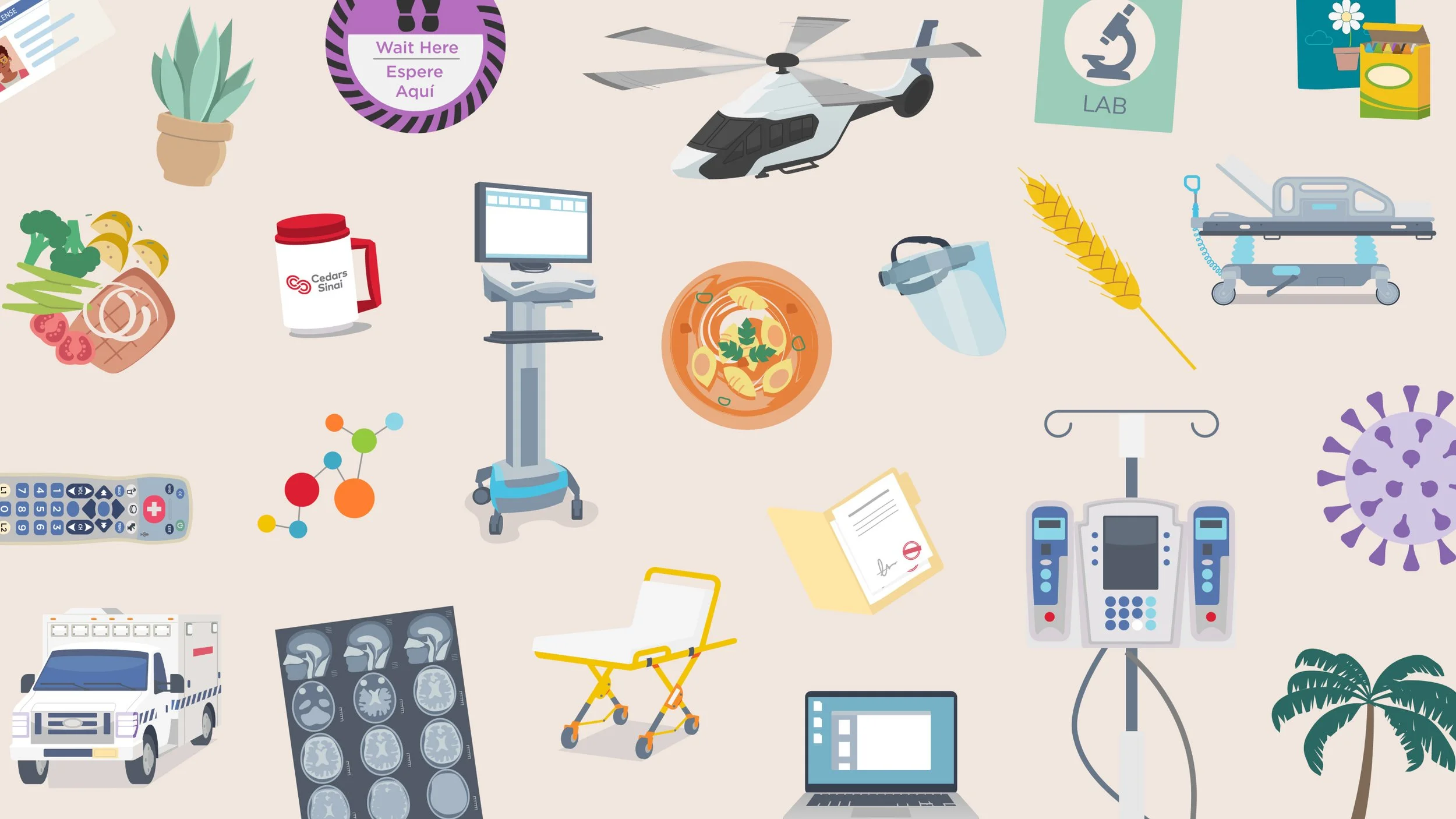 An image of medical tools and other objects at Cedars-Sinai hospital illustrated by Inveniv