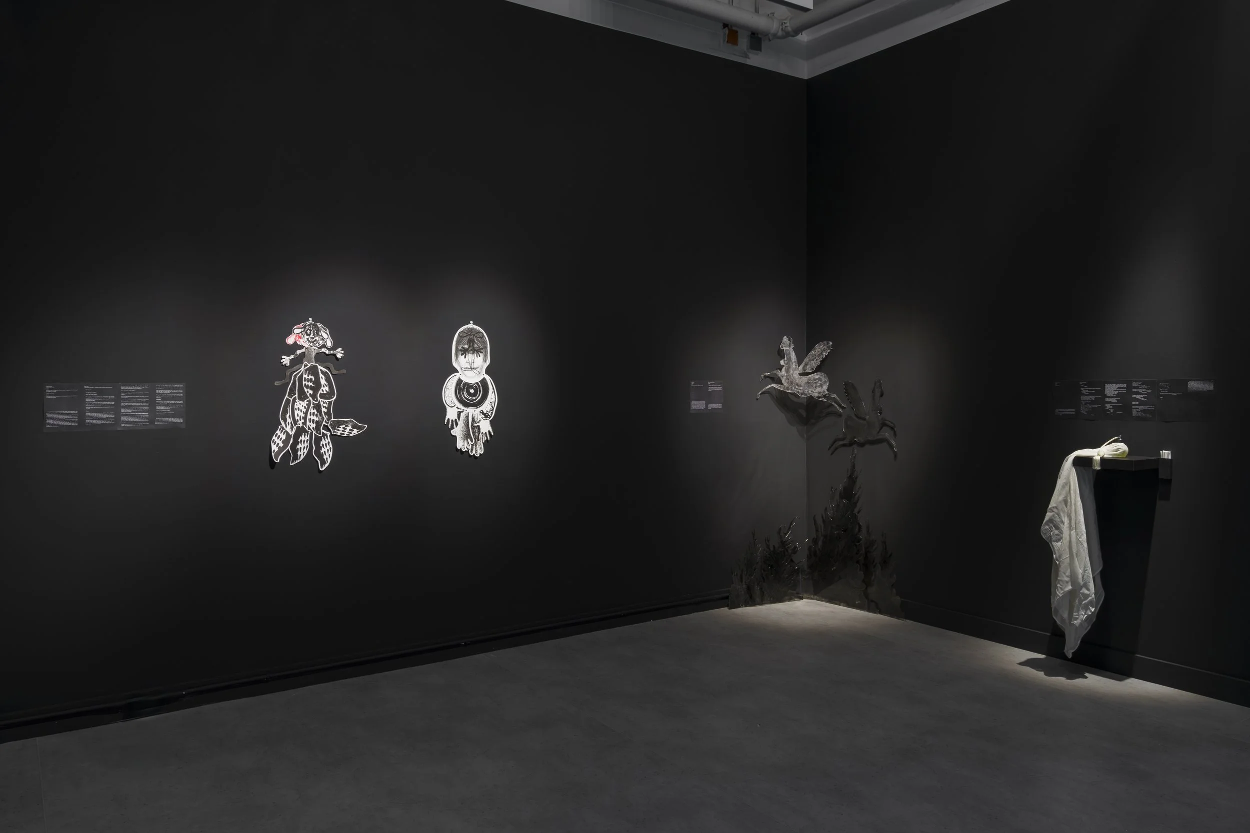  Installation view,  Vulnerable Pleasures , Gallery Gachet, Vancouver, 2025. Right: Megan Hepburn,  ECHO,  2025, eau de parfum. Middle: Mahsa Farzi,  Untamed,  2025, laser cut plexiglass, oil and acrylic paint. Dimensions variable, approximately 4 ft