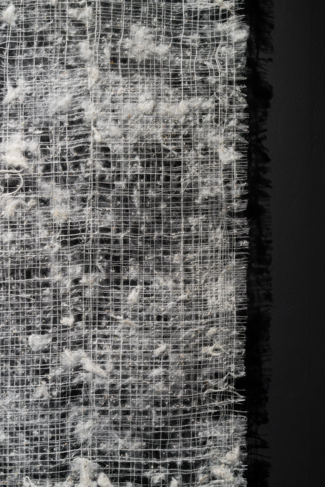  Damla Tamer,  Untitled Weaving for Living Room Window , 2025, Handwoven silver thread coated with cottonwood seeds. 
