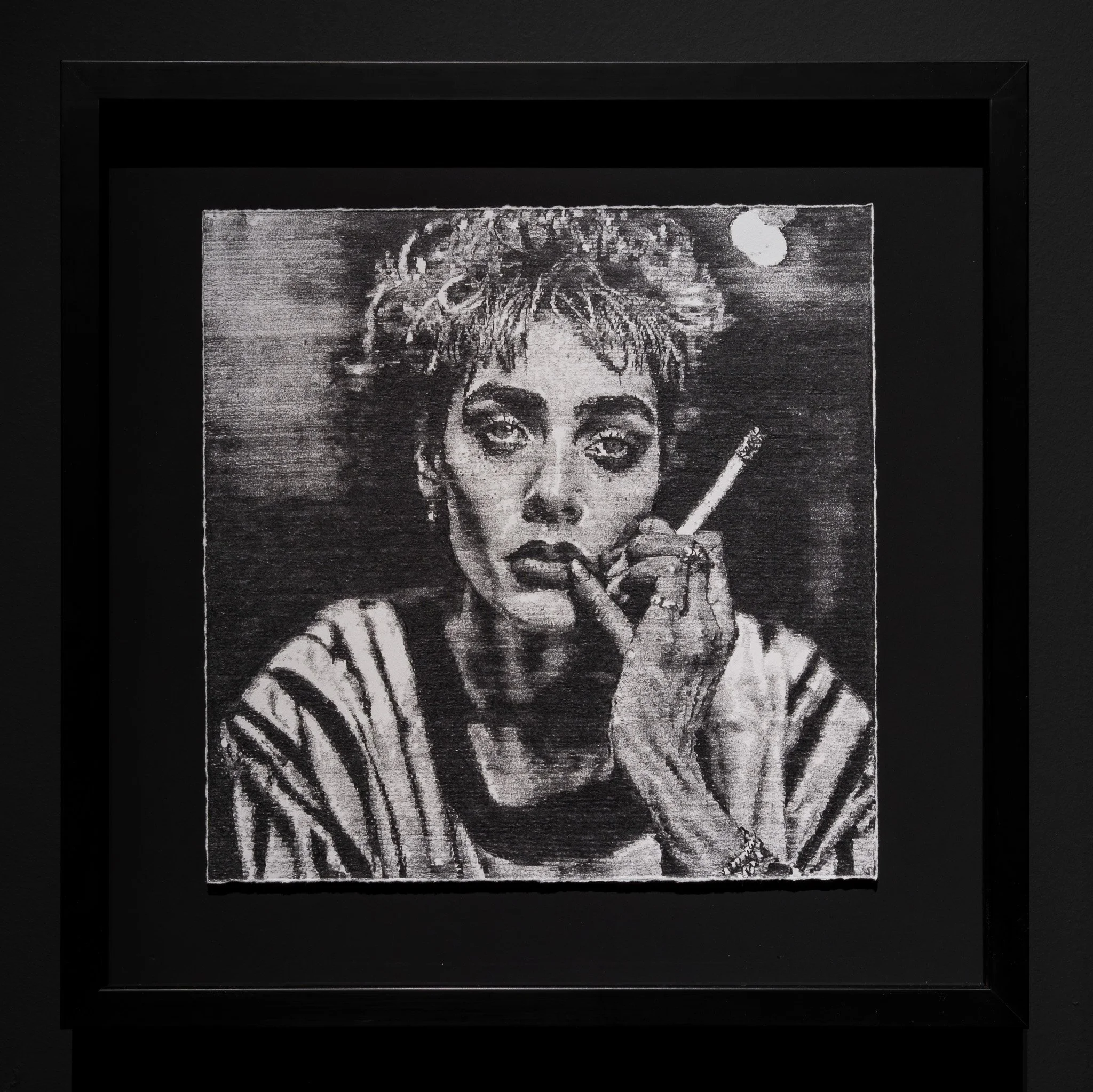  Jacob Dyrenforth,  Aspiring pop singer sits nervously backstage on the set of their first big budget music video shoot... ,  2024, pencil on paper, 11 7/8 in x 11 7/8 in. 