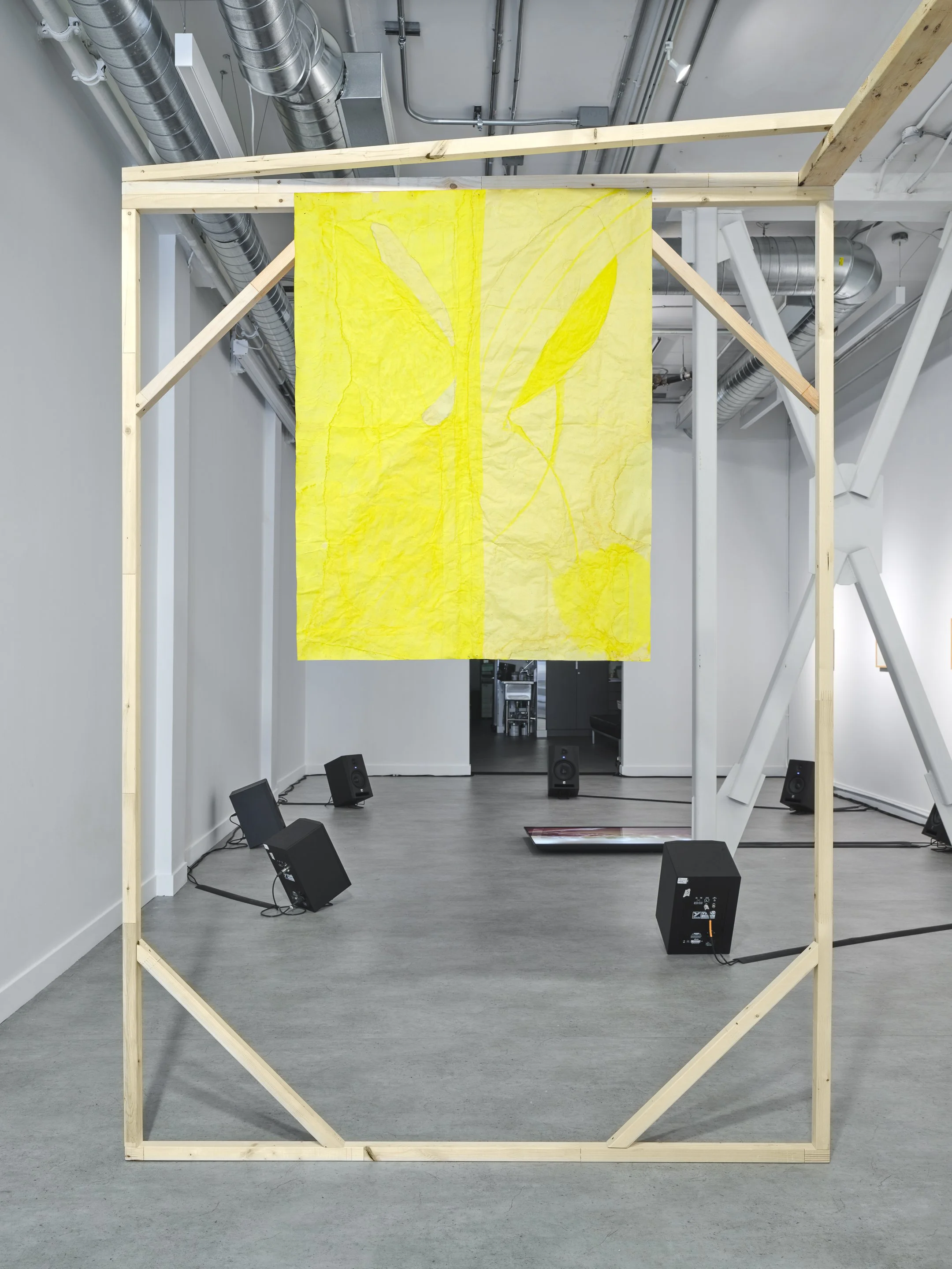  Christian Vistan,  Back , 2024–2026, water tempura and rice starch paste on manilla paper, wood. Christian would like to thank Steve Hubert and Kevin Romaniuk for their assistance in the production of of this work. 
