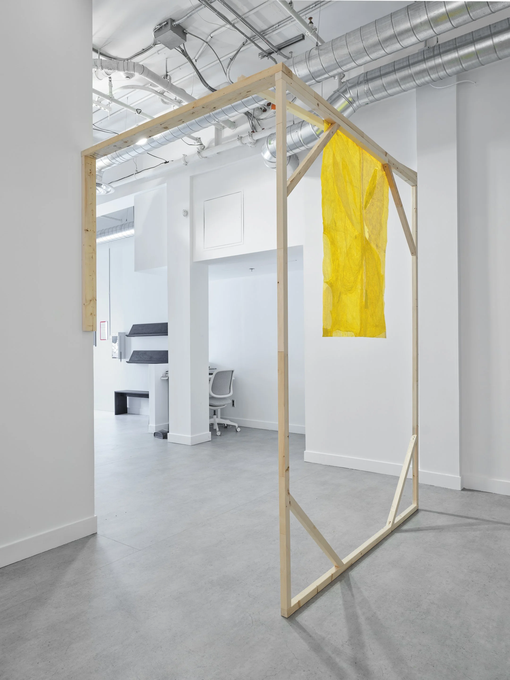  Christian Vistan,  Back , 2024–2026, water tempura and rice starch paste on manilla paper, wood. Christian would like to thank Steve Hubert and Kevin Romaniuk for their assistance in the production of of this work. 