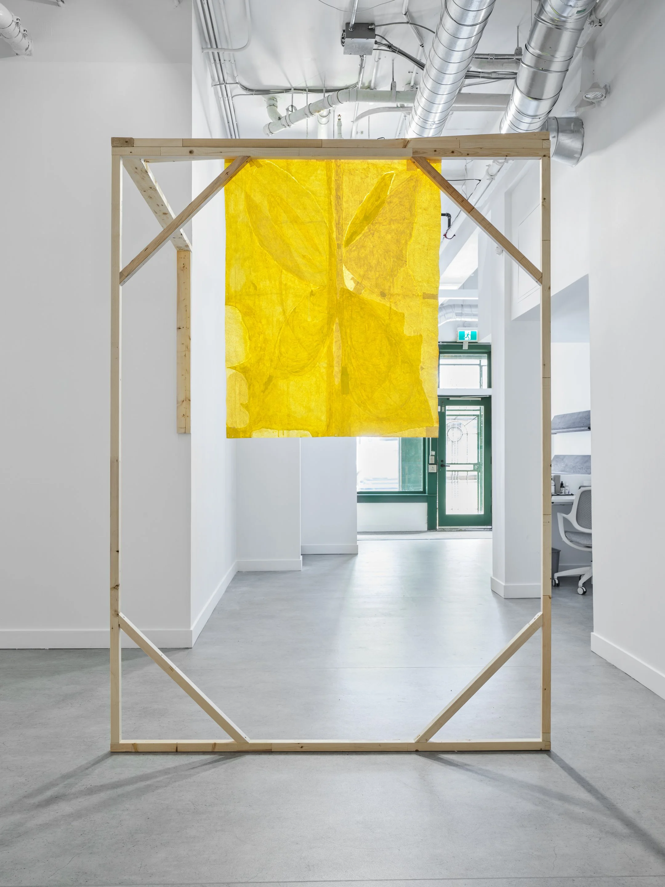  Christian Vistan,  Back , 2024–2026, water tempura and rice starch paste on manilla paper, wood. Christian would like to thank Steve Hubert and Kevin Romaniuk for their assistance in the production of of this work. 