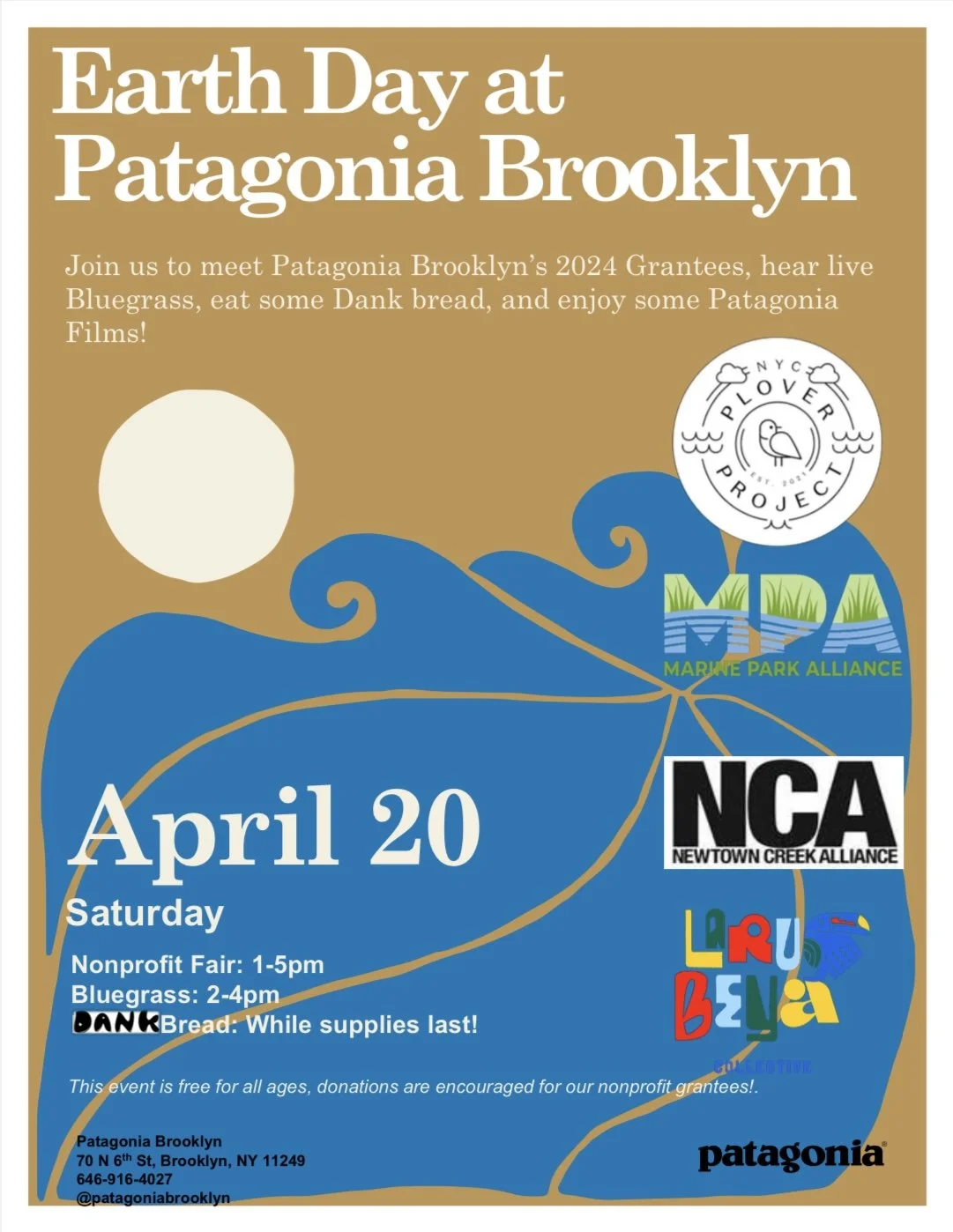 Earth Day Celebration at Patagonia Brooklyn, Live Bluegrass, Dank bread, Patagonia Films, Patagonia Brooklyn's 2024 Grantees, Saturday April 20, nonprofit: 1 - 5pm, Bluegrass: 2 - 4pm, 70 N 6th St, Brooklyn, NY 11249, @patagoniabrooklyn