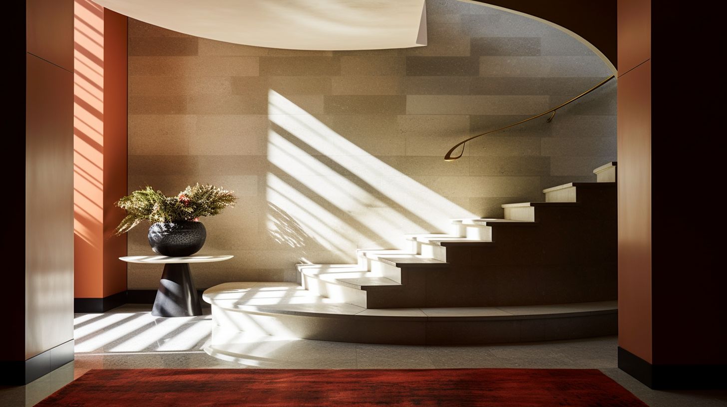 an entryway with circular stairs and a rug, in the style of dramatic shadows, australian landscapes, golden light, streamlined forms, architectural, light beige and crimson, texture-rich surfaces
