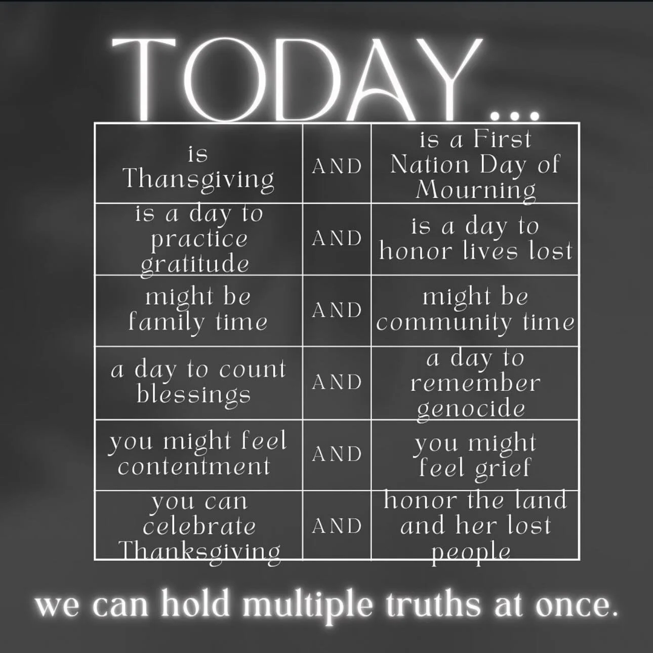 We can hold multiple truths at once, and today especially, we must.

While today is a celebration of gratitude and thanksgiving for so many, for the indigenous people of the First Nation, it&rsquo;s a national day of mourning, a day of remembrance fo
