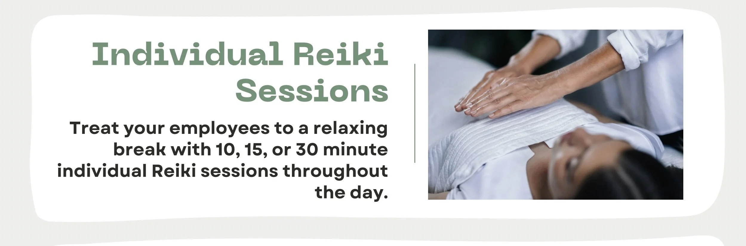 A person lying on a massage table receiving a Reiki treatment with a practitioner placing hands on their abdomen, alongside text promoting individual Reiki sessions for relaxation.