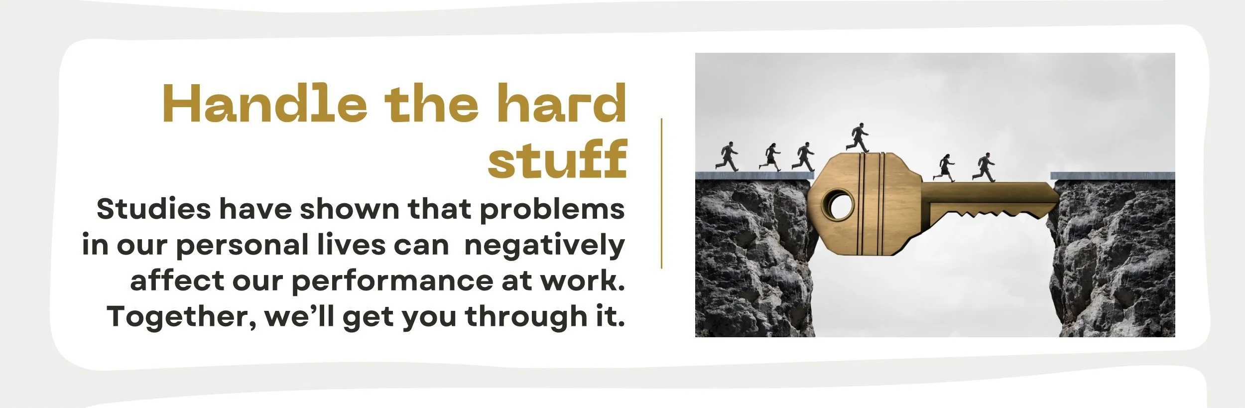 A graphic illustration depicting a large key bridging two cliffs, with people running across the bridge, symbolizing overcoming challenges.