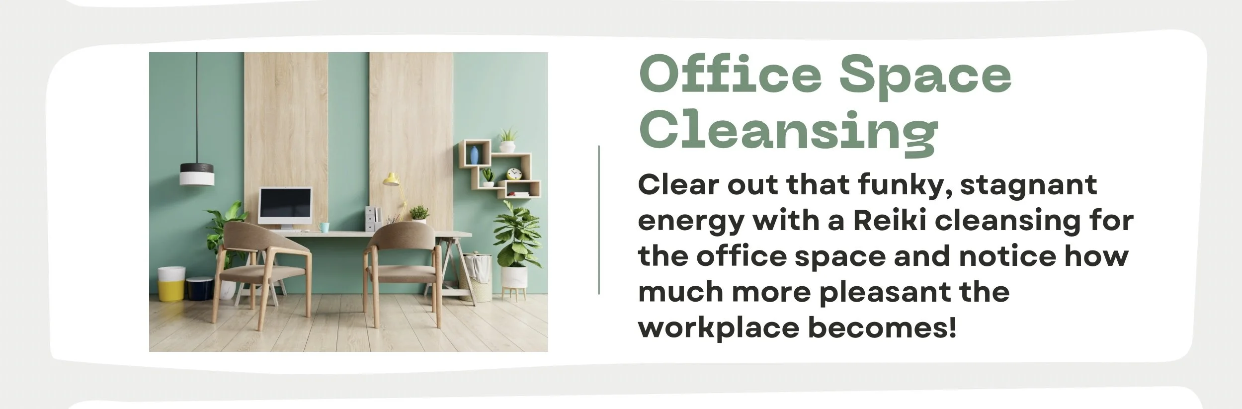 Modern office space with a desk, two beige chairs, green accent wall, decorative shelves with plants and decor, and a computer monitor.