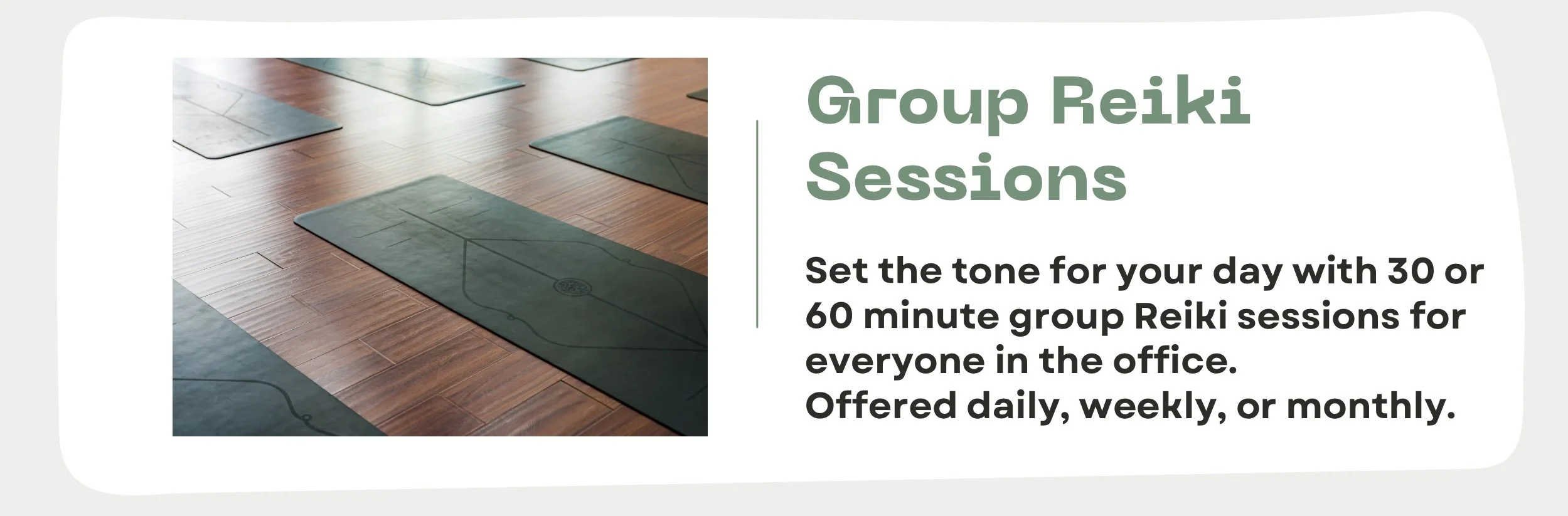 A promotional graphic for group Reiki sessions, showing yoga mats on a wooden floor and text about scheduling sessions for the office.
