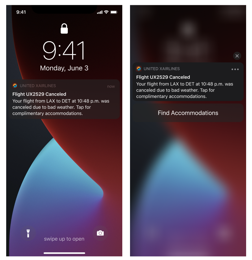 Headline: Flight UX2529 Canceled Body: Your flight from LAX to DET at 10:48 p.m. was canceled due to bad weather. Tap for complimentary accommodations. Button: Find Accommodations