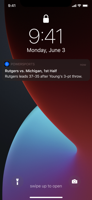 Header: Rutgers vs. Michigan, 1st HalfBody: Rutgers leads 37-35 after Young's 3-pt throw.