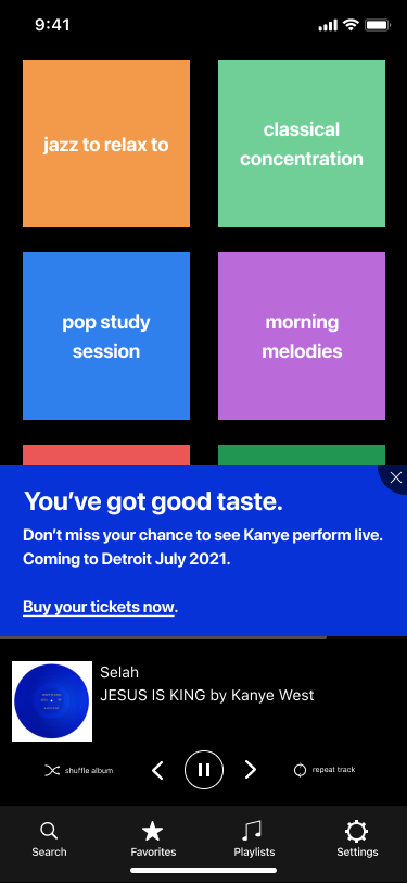 Header: You’ve got good taste.Body: Don’t miss your chance to see Kanye perform live. Coming to Detroit July 2021.Button: Buy your tickets now.