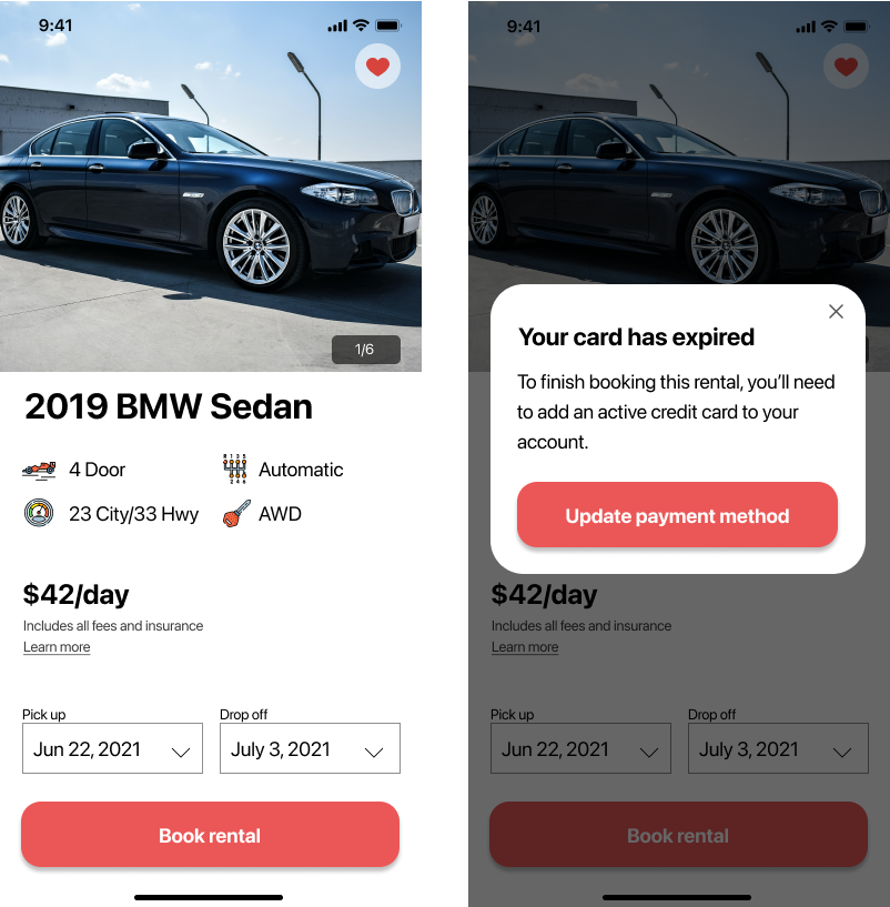 Header: Your card has expiredBody: To finish booking this rental, you’ll need to add an active credit card to your account.Button: Update payment method