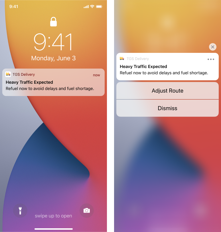 Header: Heavy Traffic ExpectedBody: Refuel now to avoid delays and fuel shortgage.Button 1: Adjust RouteButton 2: Dismiss