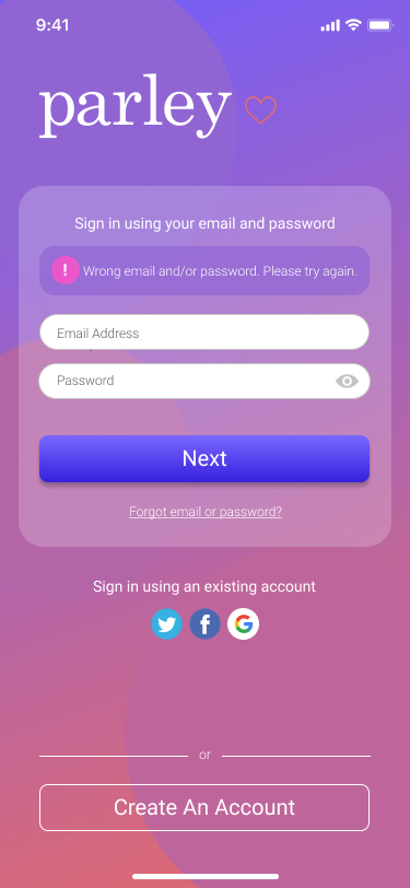 Body: Wrong email and/or password. Please try again.