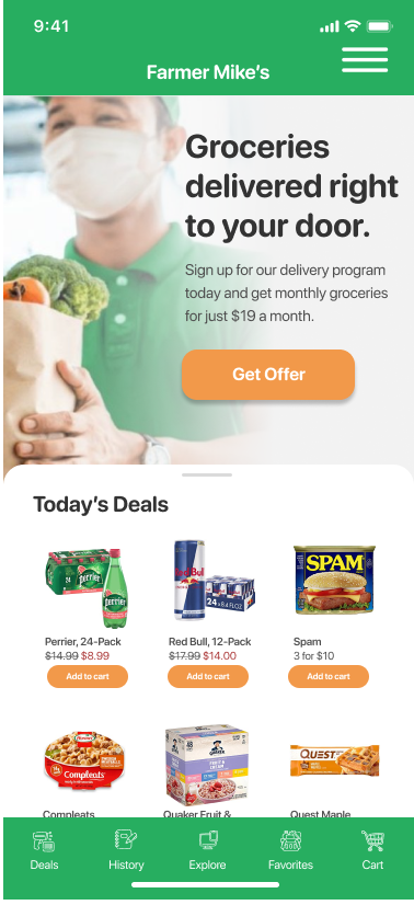 Header: Groceries delivered right to your door.Body: Sign up for our delivery program today and get monthly groceries sent straight to your home. All for just $19 a month.Button: Get OfferIcons made by freepik from flaticon.com