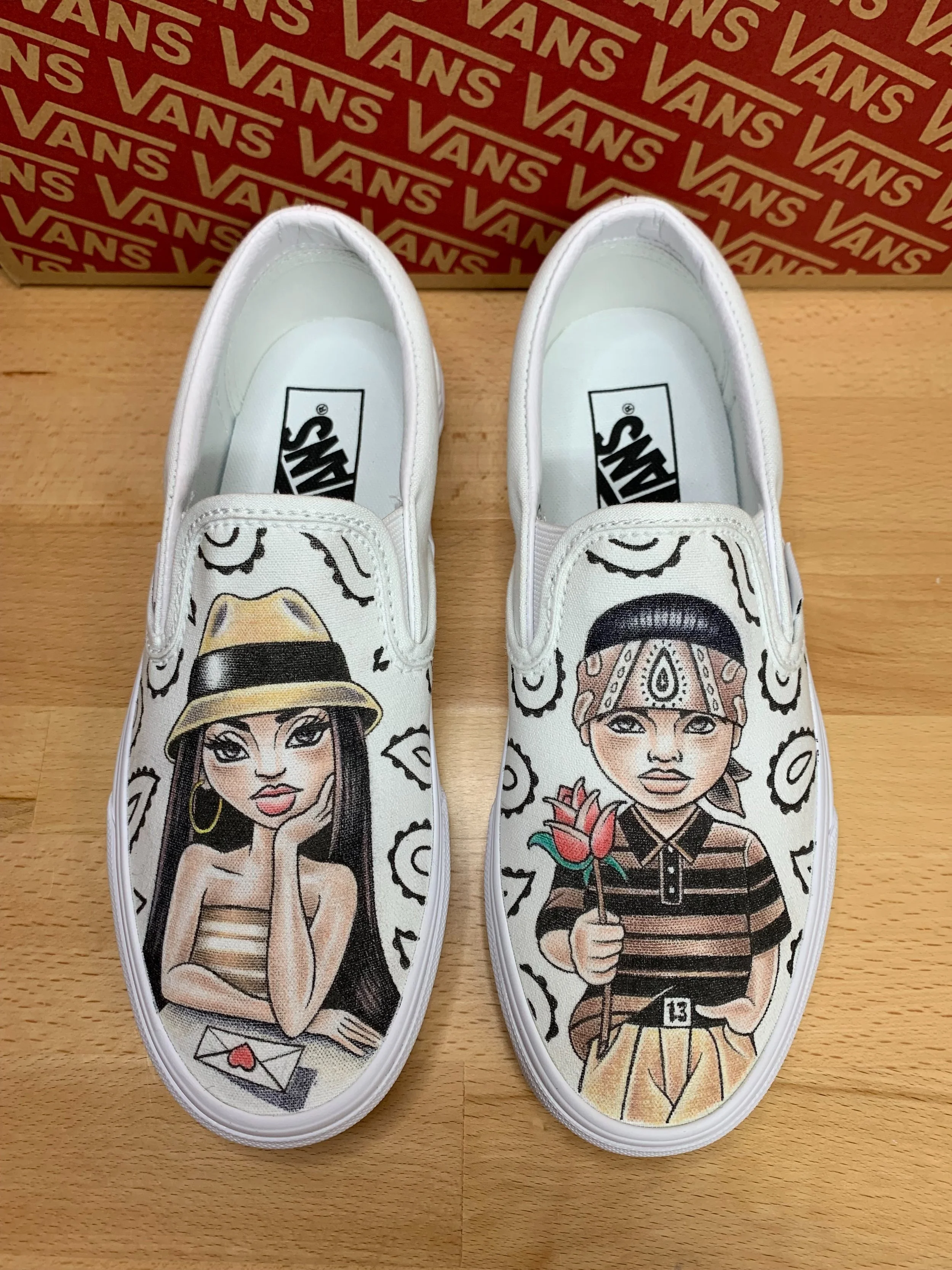 Custom Vans Slide Ons  - Love Story Design (Hand Drawn)