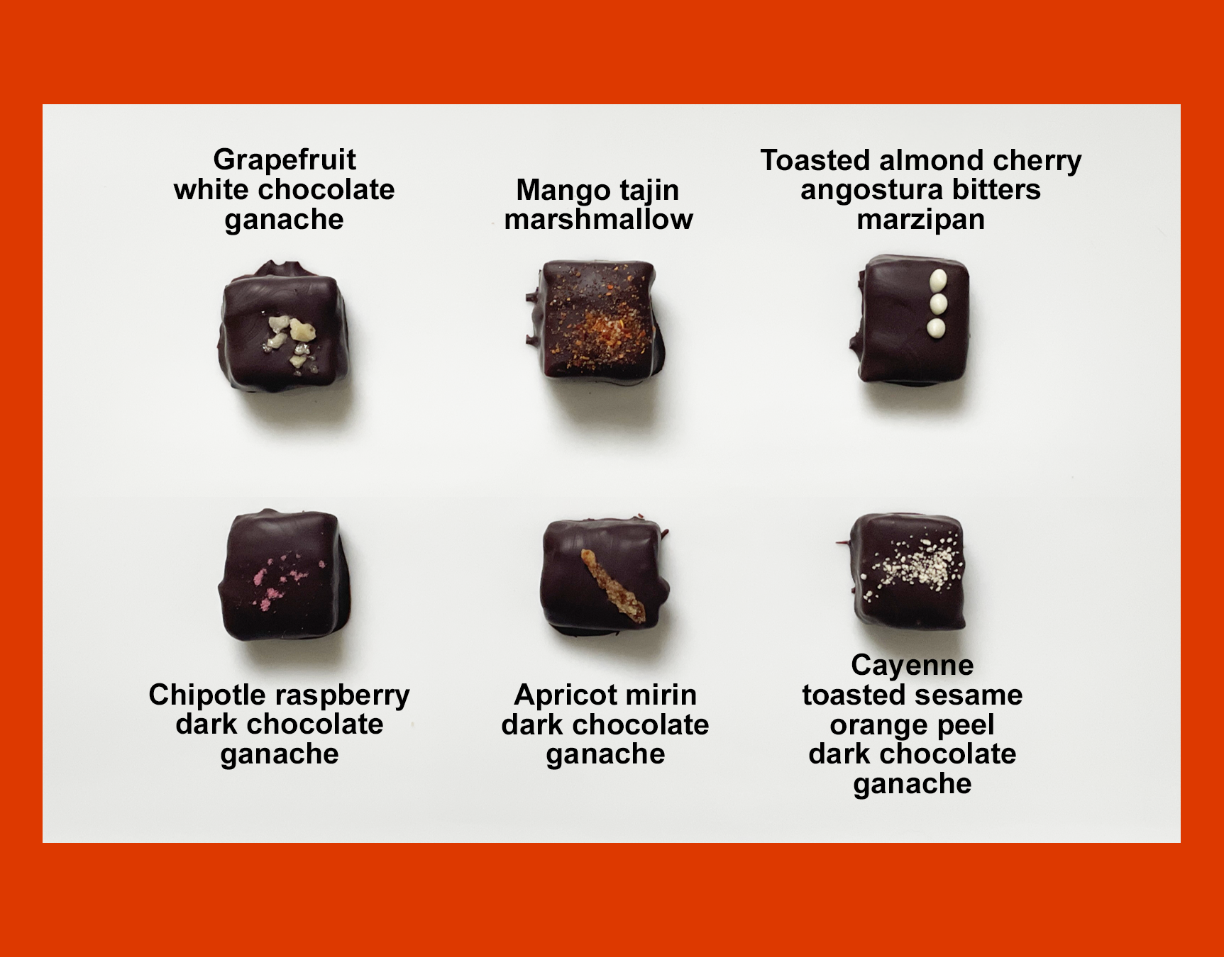 six candies coated in dark chocolate with various decorations