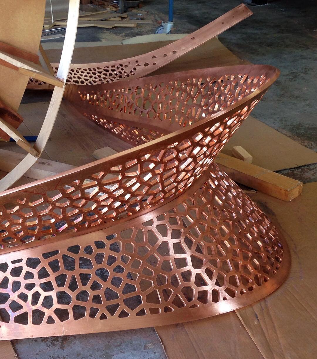 The copper leaf forms almost ready for installation at Manjimup hospital in early 2018.  A collaboration with @adamcruickshankdesignermaker, who also made the most incredible welding jigs for this project.