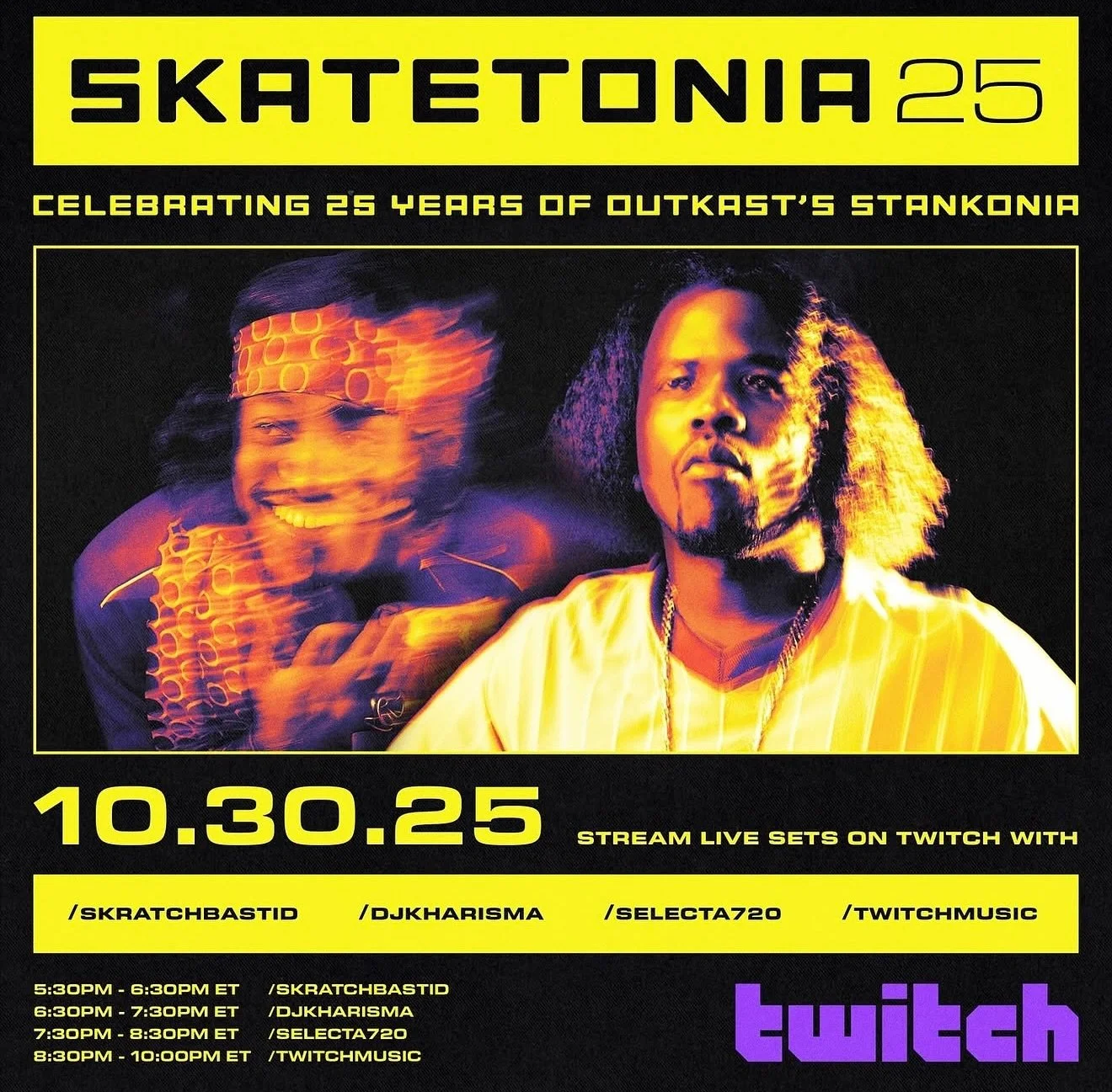 (Beyond) honored to be rocking the OFFICIAL @outkast 25 years of &ldquo;Stankonia&rdquo; @twitch celebration ma&ntilde;ana (Thursday-10/30). In advance of the official release of deluxe Vinyl + CD + Merch launch on Halloween. Icing on the cake is tha