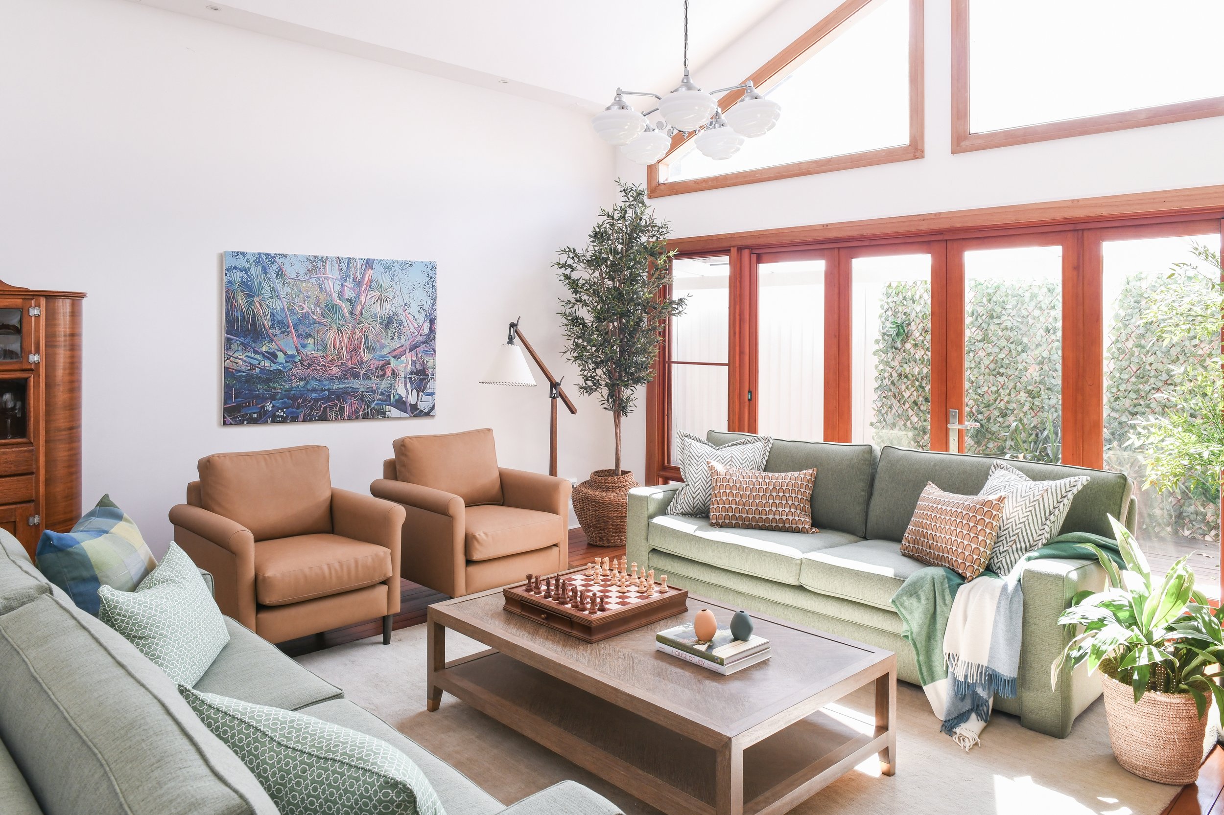 Casual family room with chess set