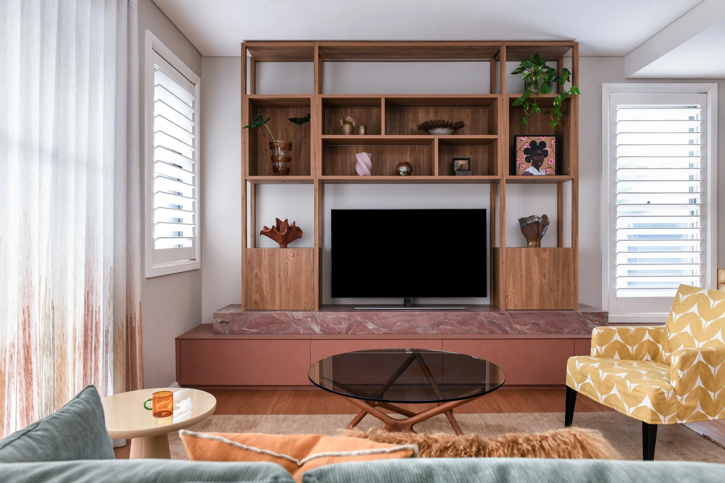 Entertainment unit in a midcentury inspired lounge room