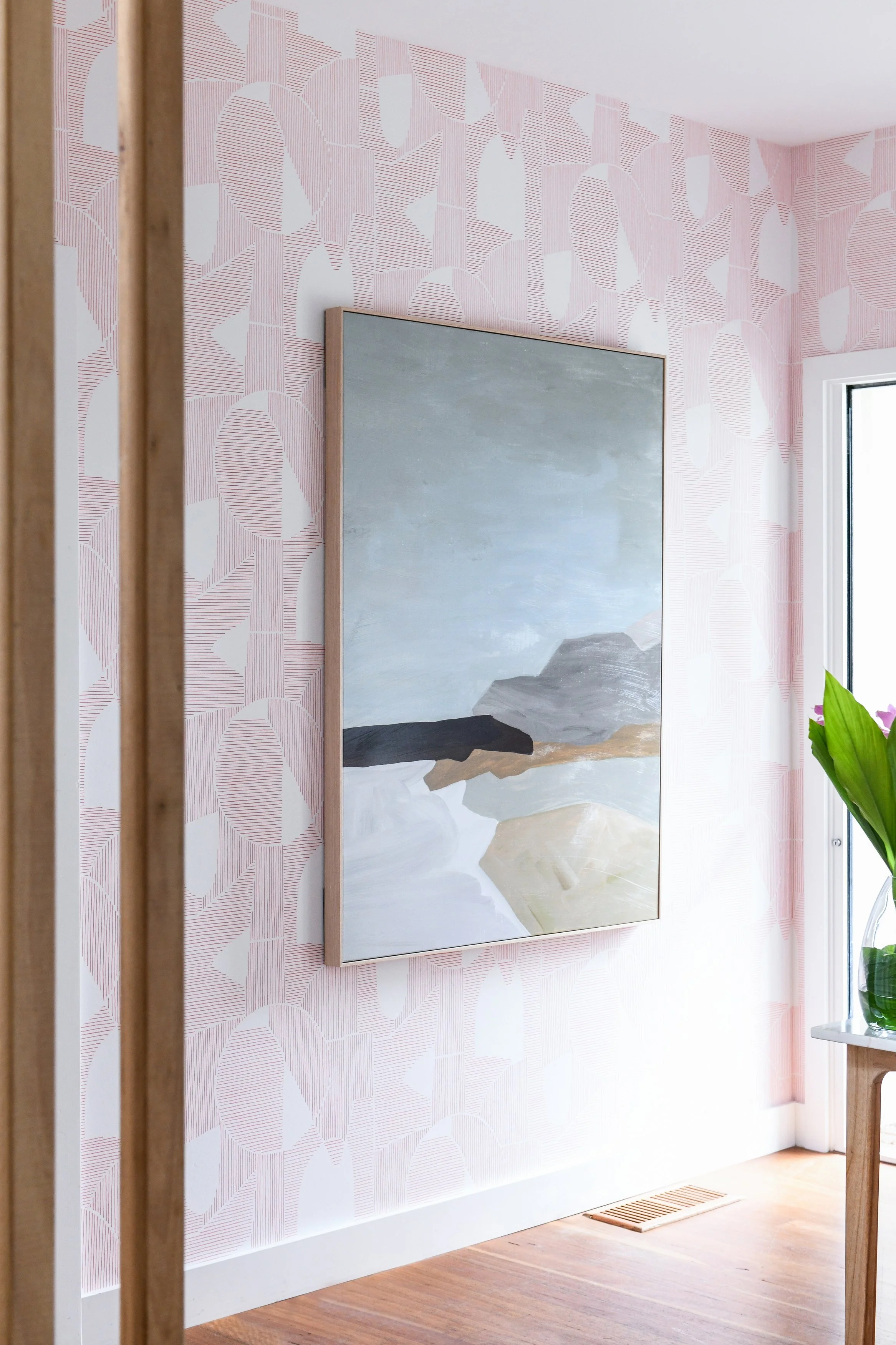 Pretty pink wallpaper brightens an entry hall to a family home in Seaforth, interior design by The Space Within, Northern Beaches, Sydney