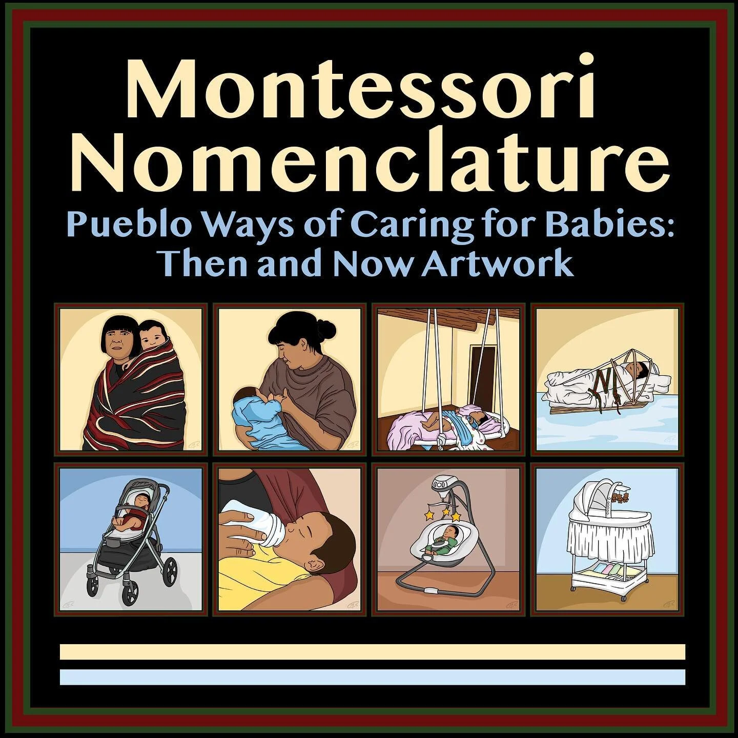 Happy to share this collaborative artwork for new Montessori Nomenclature - Pueblo Style of Caring for Babies: Then and Now. (Coming soon) 

Direction:
This project is created and led by Trisha Moquino @indigenouscheerleader (Cochiti, Ohkay Owingeh, 