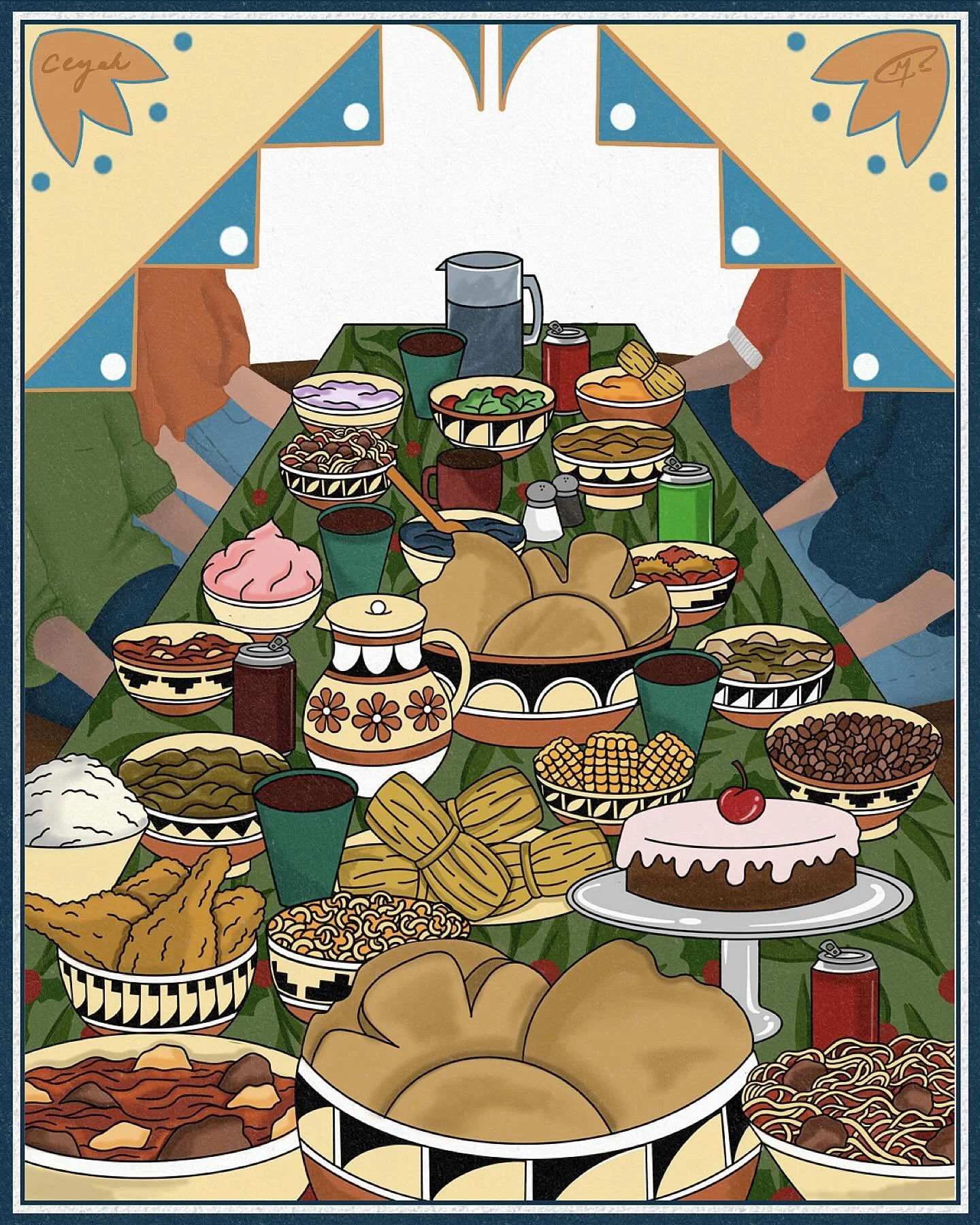 Part Two: FOOD

What&rsquo;s an ndn gathering without food?!

This collaborative art piece is about family coming together and everyone sitting down to share food. Being able to spend time with family and being present in the moment. These gatherings