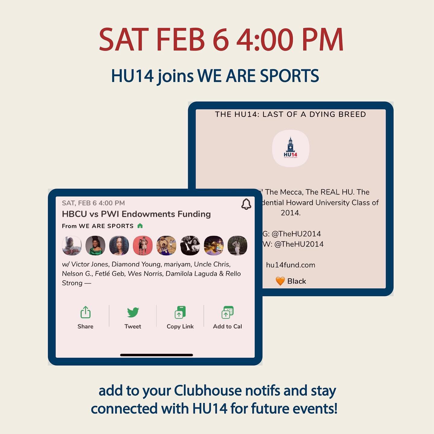 Join HU14 and #WeAreSports on Clubhouse Saturday, February 6th at 4pm EST to talk about all things funding: PWI vs HBCU.  Click the link in our bio that says &ldquo;join us on clubhouse&rdquo; and get a reminder to add to your calendar.

#howardunive