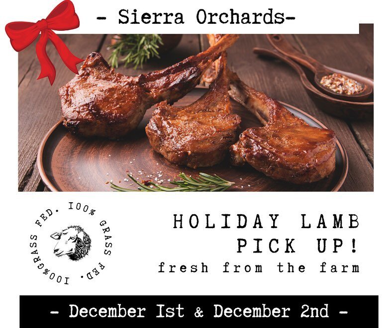 ✨Holiday Lamb Pick-Up✨

DM to purchase or go to our website: sierraorchards.com

When: December 1st and 2nd

Where: Our Farm

What: Whole and Half Boxes of 100% Grass-Fed Lamb. 

Swipe ➡️ for Details 

#grassfed #regenerativeagriculture #rotationalgr