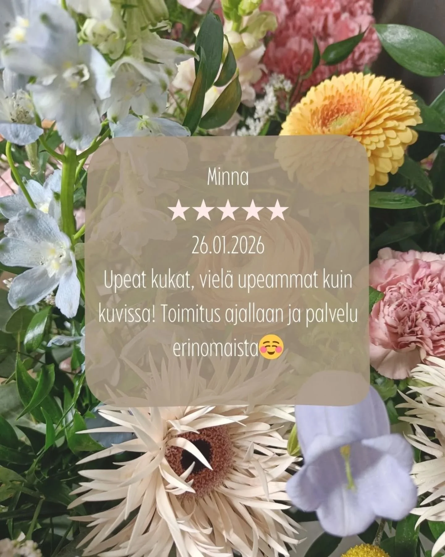 Niin ihania palautteita olemme saaneet alkuvuodesta eKukan kautta, t&auml;ss&auml; muutama niist&auml;. Syd&auml;mellinen kiitos jokaisesta tilauksesta, kommentista ja kohtaamisesta 🥰

#kukkaikkuna #ekukka #floristitampere #kukkasidonta #kukkakauppa