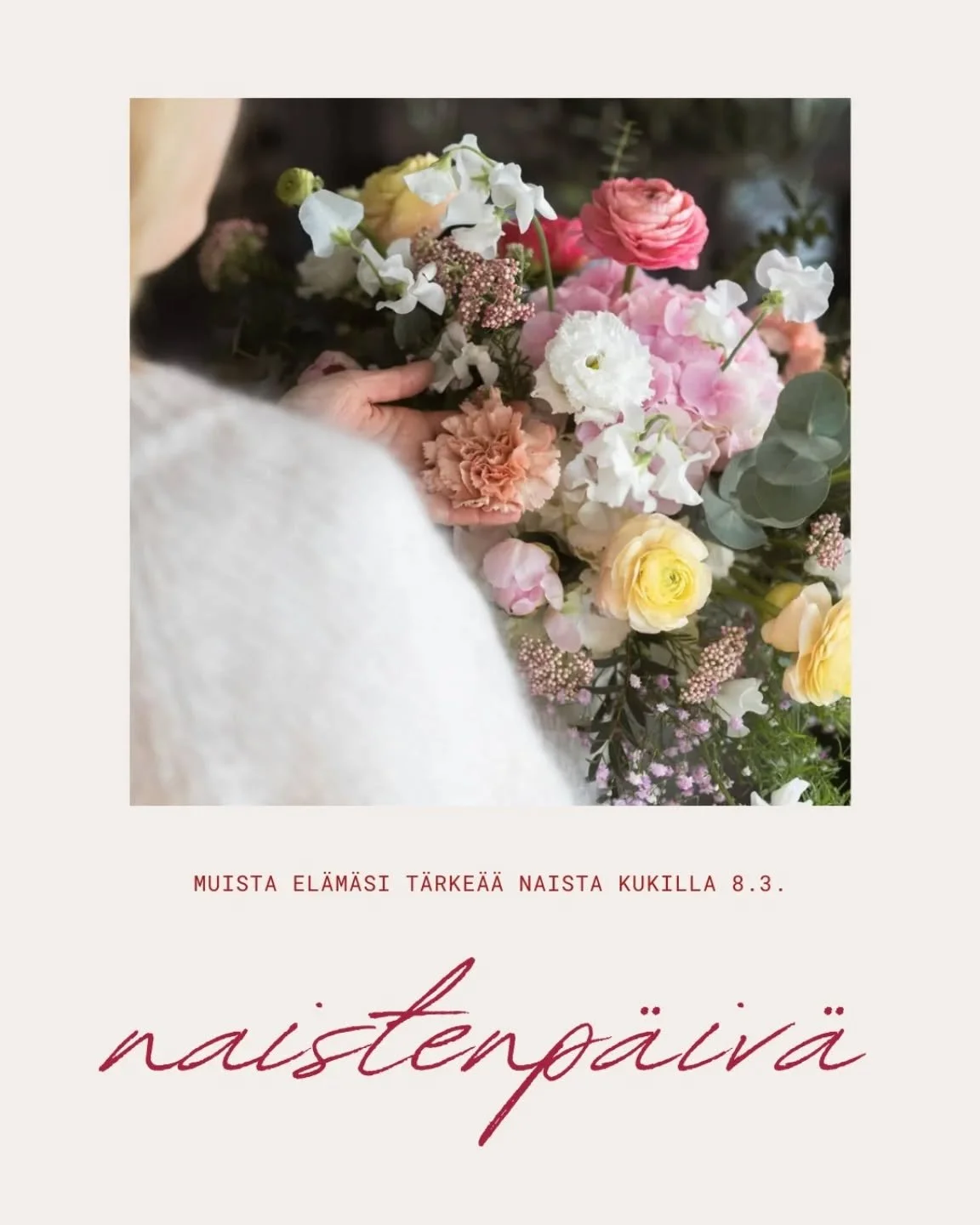 Nyt on oiva hetki tilata kukat el&auml;m&auml;si t&auml;rkeille naisille naistenp&auml;iv&auml;ksi 💛 Nouto puodilta tai k&auml;tev&auml;sti toimitettuna toivottuun osoitteeseen ☺️

T&auml;ll&auml; viikolla palvelemme arkena normaalisti, lauantaina k