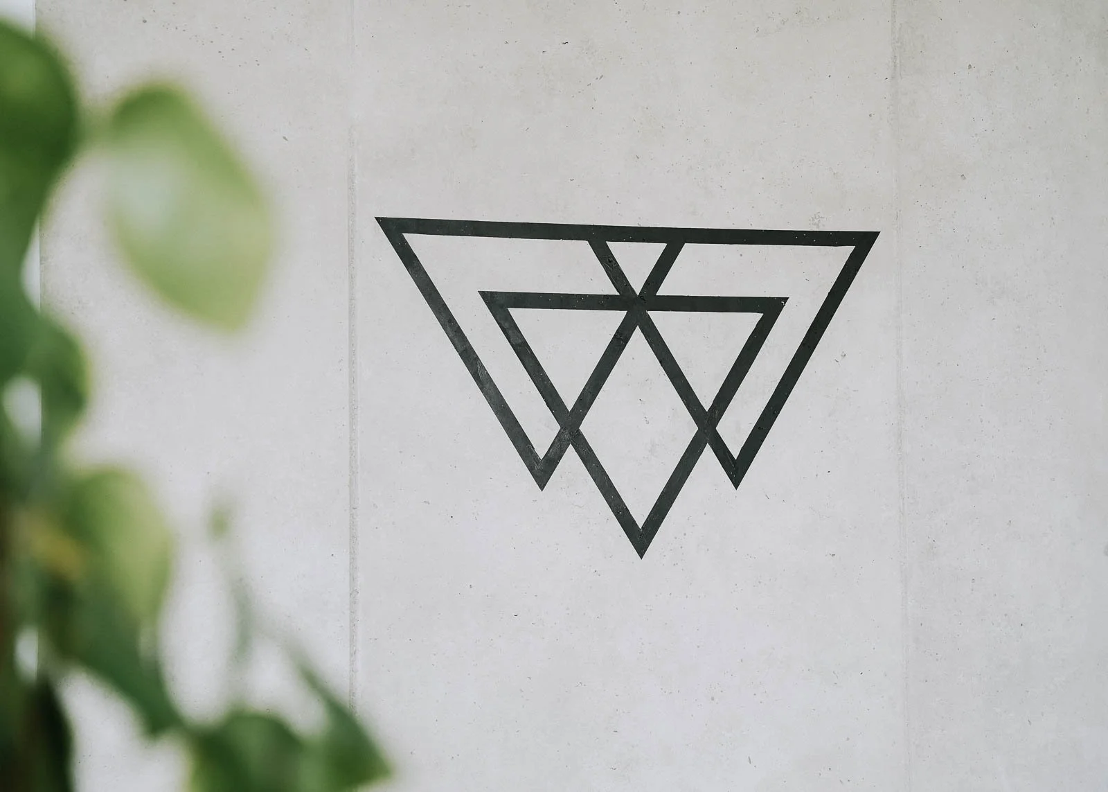 yogawerkstatt22-Logo, Geometrisches Wandbild mit mehreren überlappenden Dreieck in Schwarz auf einer hellen Wand, teilweise verdeckt durch grüne Blätter im Vordergrund.