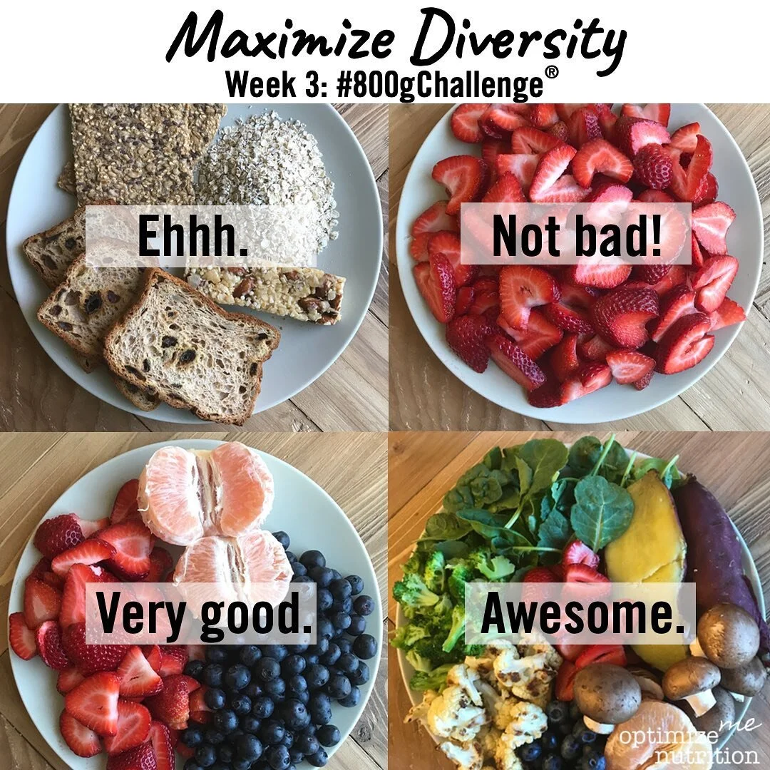 One way to optimize the #800gChallenge&reg; is to maximize the diversity of your choices.

Maximize nutrient diversity and keep things interesting by incorporating a broad array of fruits and vegetables. Also, look at long-term diversity: instead of 