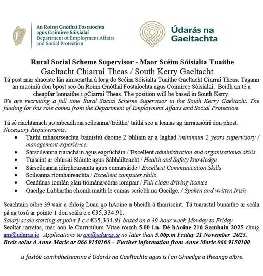 Maor Scéim Sóisialta Tuaithe - Rural Social Scheme Supervisor