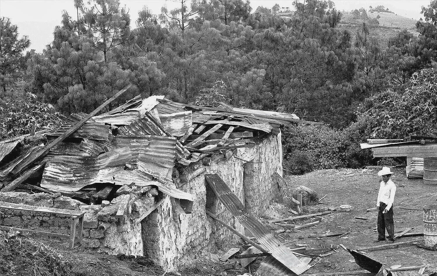 DESTRUCTION FROM ABOVE   —     peasant's home after attack by air force plane, near Miramundo