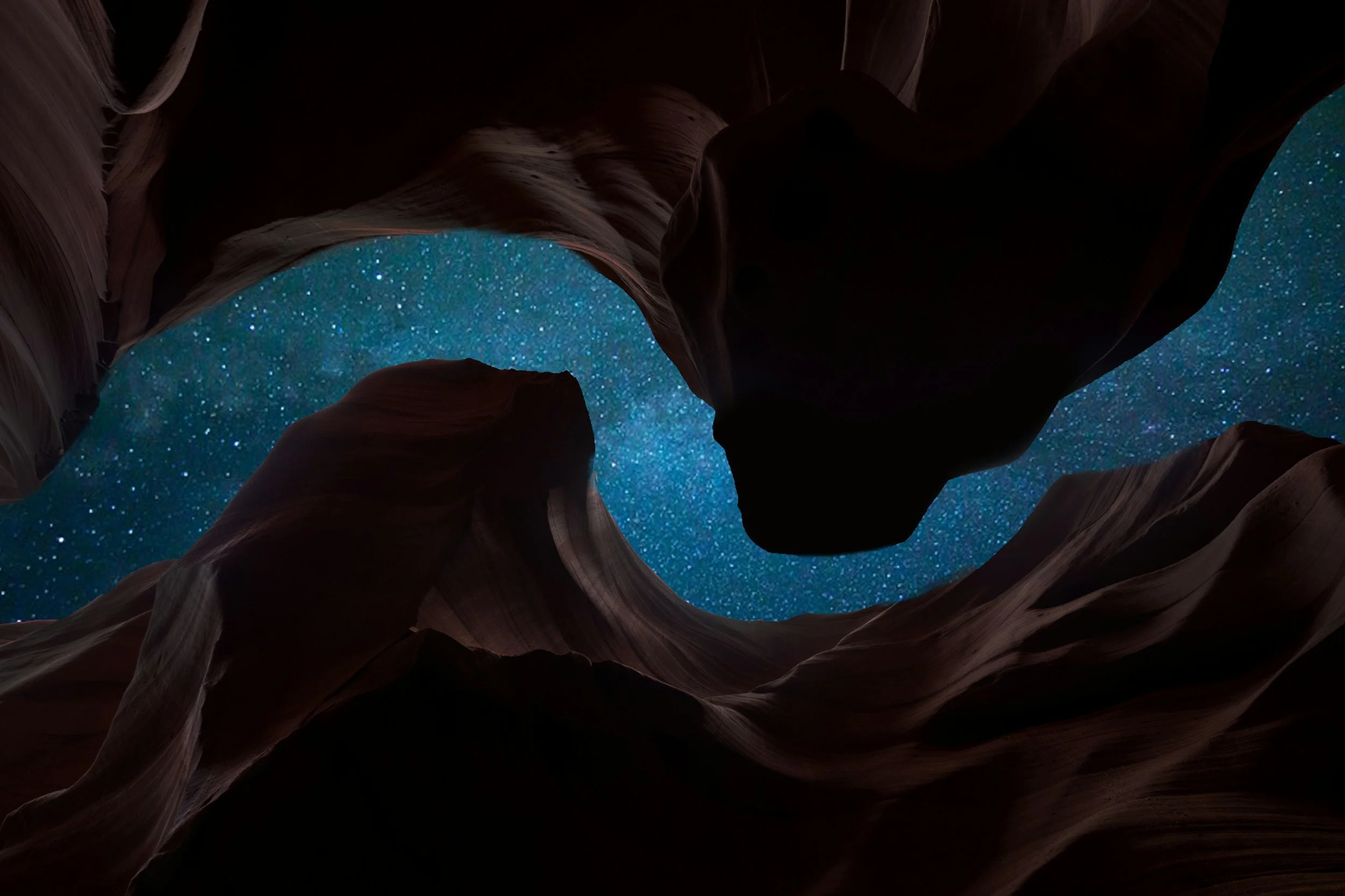 The dark, sculpted walls of a slot canyon curve upward toward a small opening filled with a blue, starry night sky.